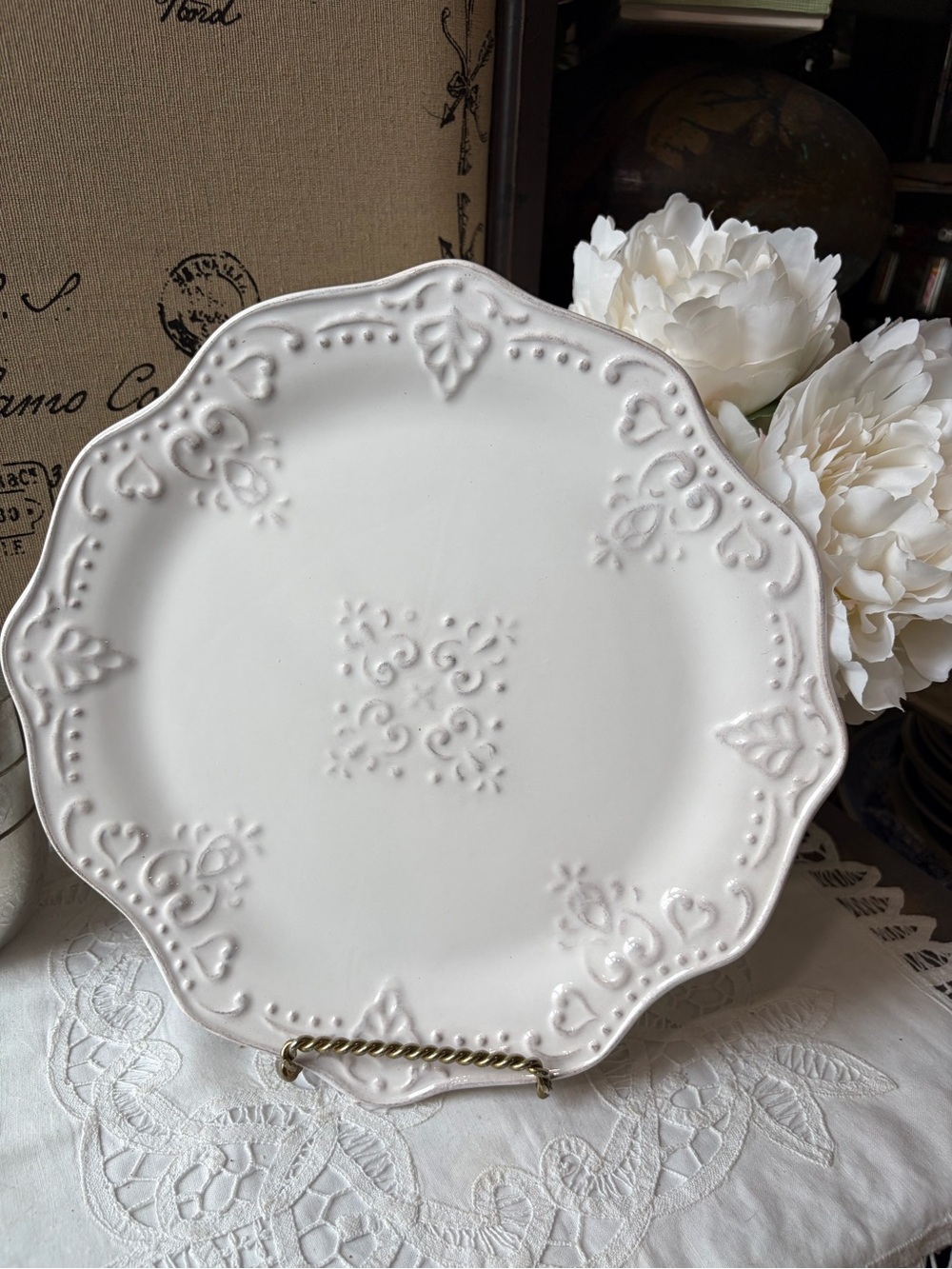 American Atelier white stoneware Florentine Empress dinner plate